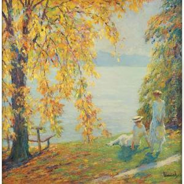 Two Girls In White Beside A Lake In Autumn Oil Painting by Edward Alfred Cucuel