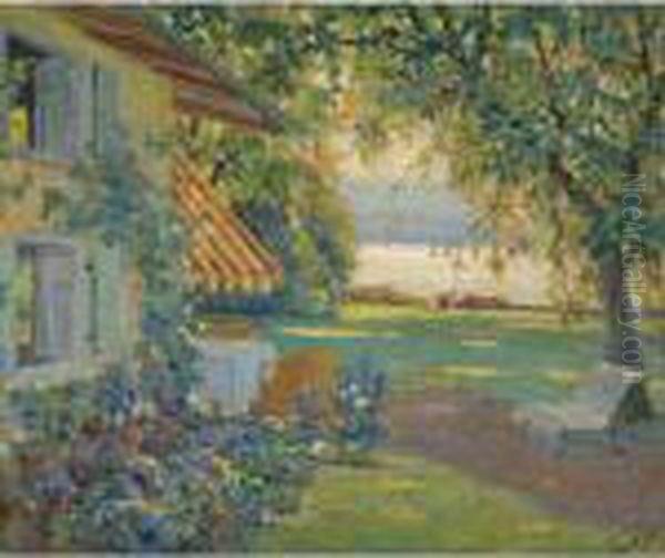 Der Garten Des Malers (the Artist's Garden On Lake Starnberg),villa Mussinan Oil Painting by Edward Alfred Cucuel