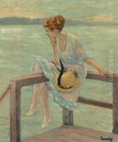 Seated Woman On A Railing Oil Painting by Edward Alfred Cucuel