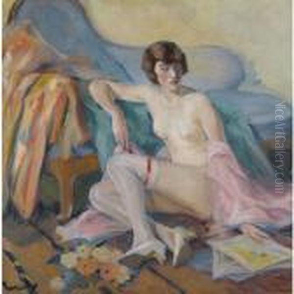 Madchen In Weissen Strumpfen (girl In White Stockings) Oil Painting by Edward Alfred Cucuel