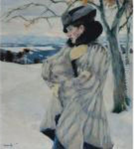 Madchen Im Pelz, Bad Tolz (girl With Fur Coat, Bad Tolz) Oil Painting by Edward Alfred Cucuel