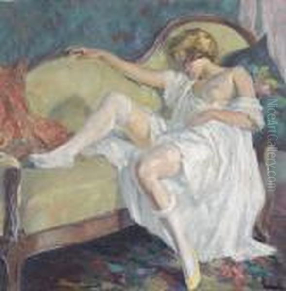 Schlafende Dame Auf Grunem Sofa. Oil Painting by Edward Alfred Cucuel