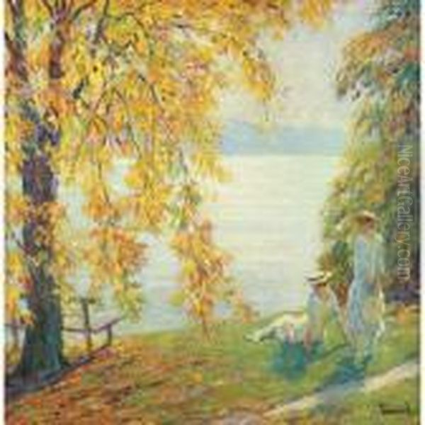 Two Girls In White Beside A Lake In Autumn Oil Painting by Edward Alfred Cucuel