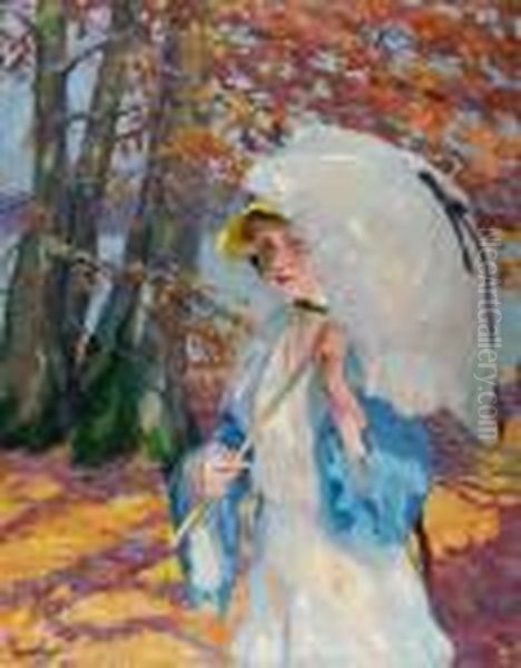 Dame Mit Sonnenschirm Im Herbstlaub Am Ammersee Oil Painting by Edward Alfred Cucuel