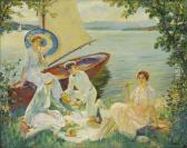 Luncheon At Water's Edge Oil Painting by Edward Alfred Cucuel