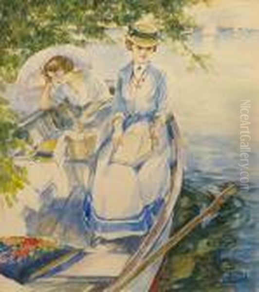 Sommertag Am See Mit Zwei Jungen Damen Im Ruderboot Oil Painting by Edward Alfred Cucuel