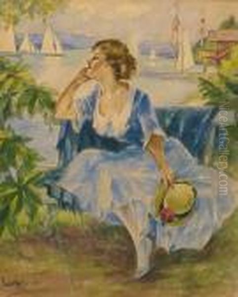 Junge Dame Am Seeufer Oil Painting by Edward Alfred Cucuel