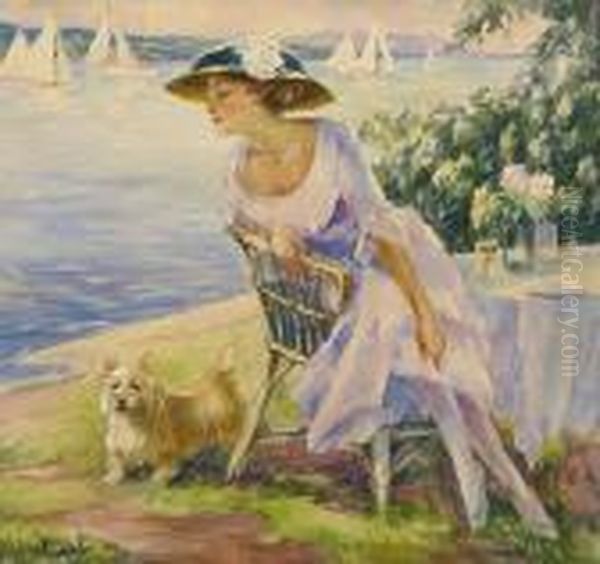 An Einem Seeufer Sitzende Dame Mit Ihrem Hund Oil Painting by Edward Alfred Cucuel