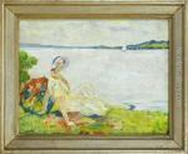 Madchen Mit Sonnenschirm Und Hut An Einem See Liegend. Oil Painting by Edward Alfred Cucuel