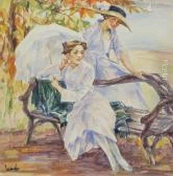 Two Ladies On A Bench With An Umbrella Oil Painting by Edward Alfred Cucuel