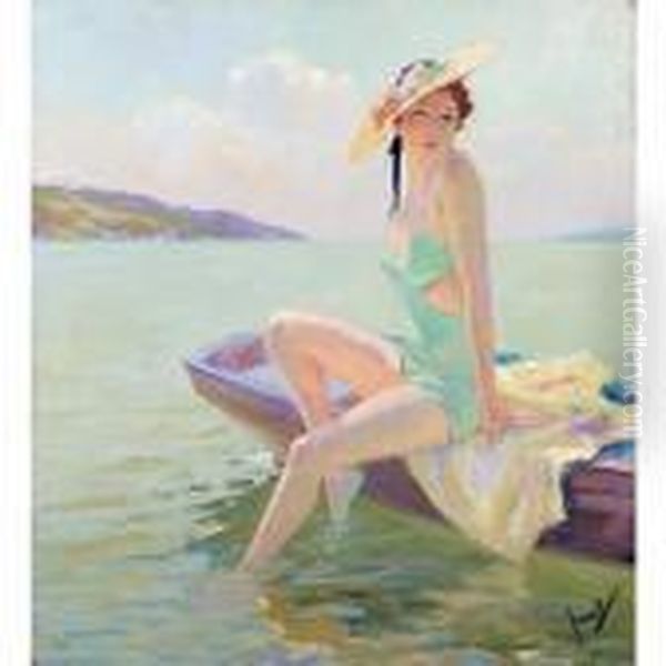 Badende Im Boot (the Bathing Hour) Oil Painting by Edward Alfred Cucuel