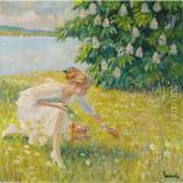 Blumenpfluckendes Madchen (picking Flowers) Oil Painting by Edward Alfred Cucuel