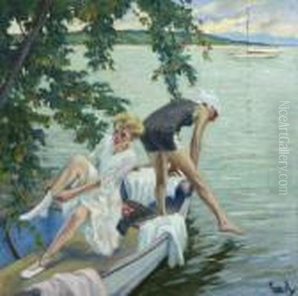 Badende Madchen Am Starnberger See. Oil Painting by Edward Alfred Cucuel