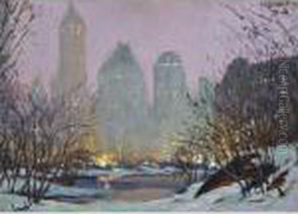 Fifth Avenue Hotels From Central Park Oil Painting by Edward Alfred Cucuel