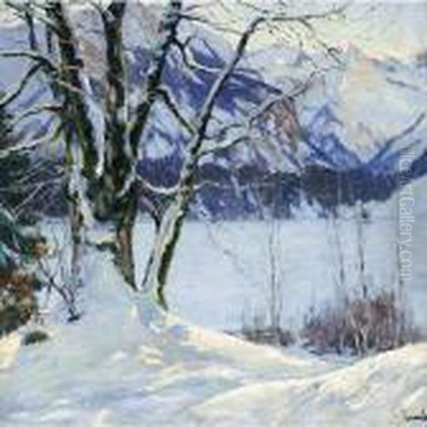 A Frozen Lake In A Mountainous Winter Landscape Oil Painting by Edward Alfred Cucuel