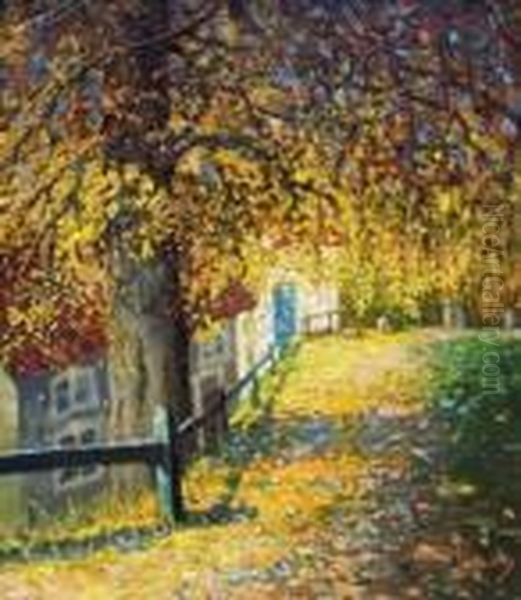 Das Haus Des Kunstlers (?) Unter Herbstlichen Baumen Oil Painting by Edward Alfred Cucuel