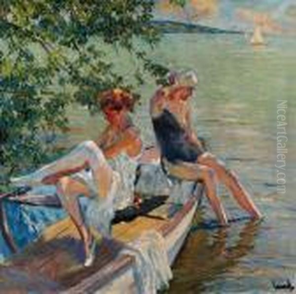 Badende Madchen Am Starnberger See Oil Painting by Edward Alfred Cucuel