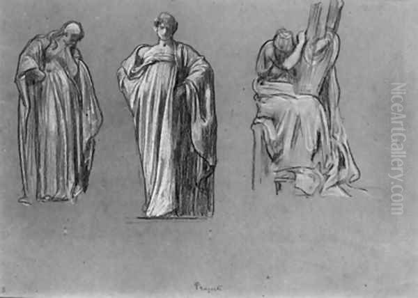 Studies of heavily draped female figures, one playing a lyre Oil Painting by Lord Frederick Leighton