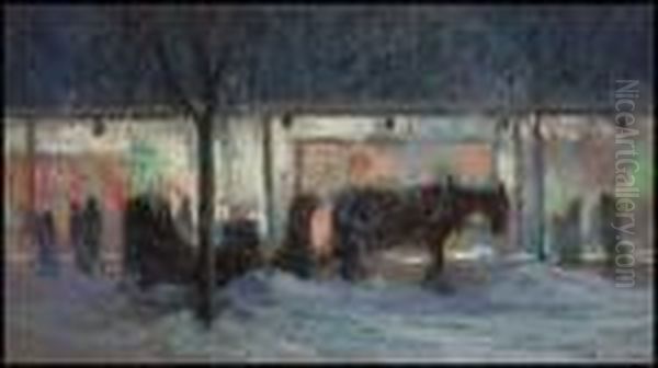 The Cab Stand At Night, Montreal Oil Painting by Maurice Galbraith Cullen