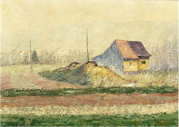 A Canadian Landscape With A Farmhouse, A Village And Mountains Beyond Oil Painting by Maurice Galbraith Cullen