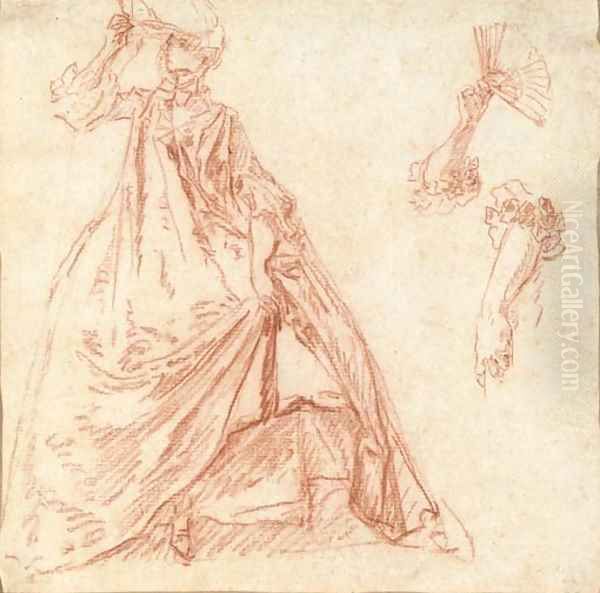 A lady holding a fan, with subsidiary studies of her arms Oil Painting by Nicolas Lancret