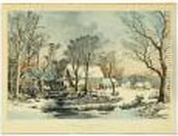 Winter In The Country, The Old Grist Mill Oil Painting by Currier & Ives Publishers