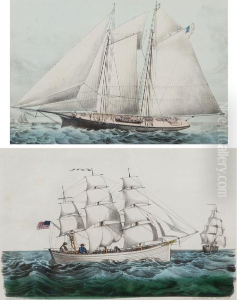 The Miniature Ship Red, White And Blue Oil Painting by Currier & Ives Publishers