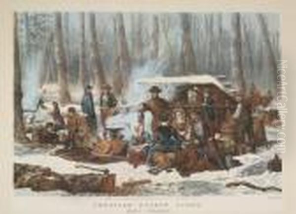 American Forest Scene: Maple Sugaring Oil Painting by Currier & Ives Publishers