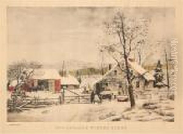 New England Winter Scene Oil Painting by Currier & Ives Publishers