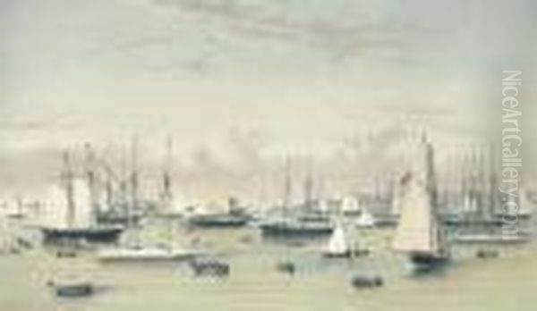 The Yacht Squadron At Newport, Rhode Island Oil Painting by Currier & Ives Publishers