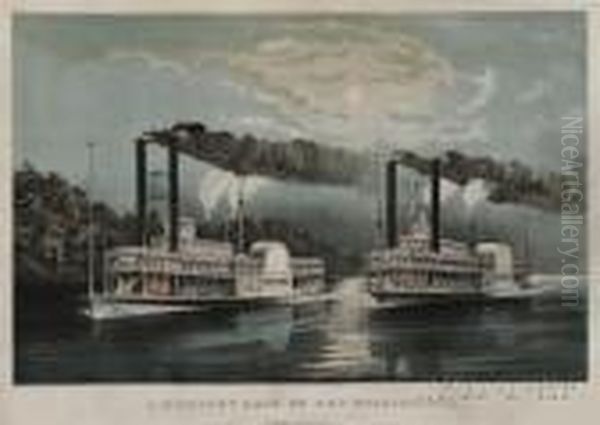 A Midnight Race On The Mississippi Oil Painting by Currier & Ives Publishers