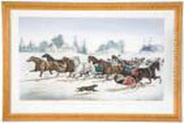 Trotting Cracks On The Snow Oil Painting by Currier & Ives Publishers