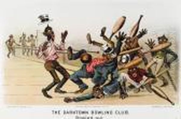 The Darktown Bowling Club, Watching For A Strike; Bowledout Oil Painting by Currier & Ives Publishers