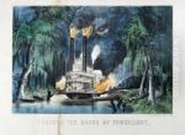 Through The Bayou By Torchlight; The Great Mississippisteamboat Race Oil Painting by Currier & Ives Publishers