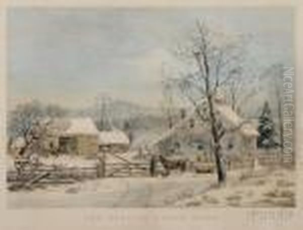 New England Winter Scene Oil Painting by Currier & Ives Publishers