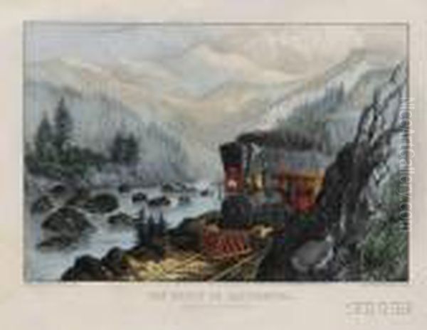 The Route To California. Truckee Riversierra-nevada Oil Painting by Currier & Ives Publishers