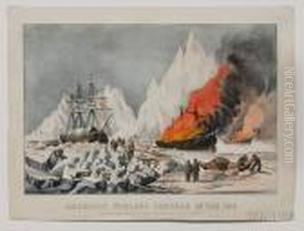 American Whalers Crushed In The Ice Oil Painting by Currier & Ives Publishers