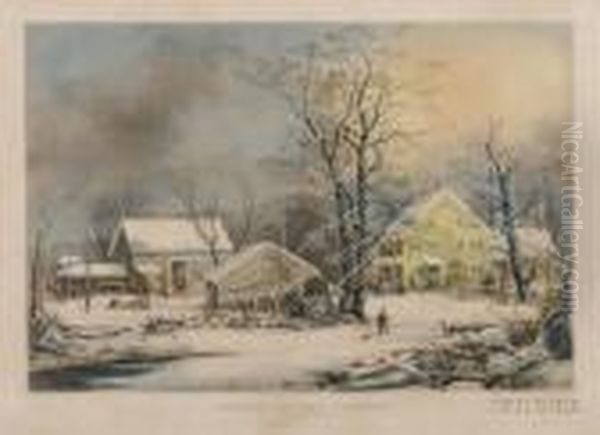 Winter In The Country Oil Painting by Currier & Ives Publishers