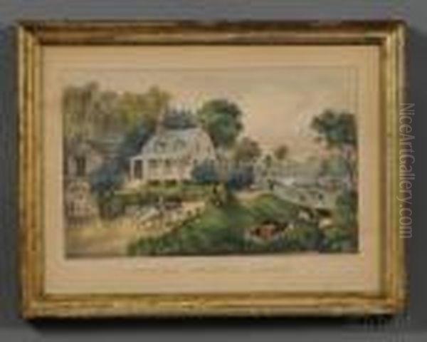 American Homestead Summer Oil Painting by Currier & Ives Publishers