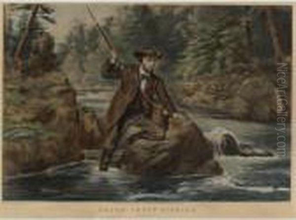 American Hunting Scenes: A Good 
Chance And Brook Trout Fishing: An Anxious Moment (gale 186 And 789) Oil Painting by Currier & Ives Publishers