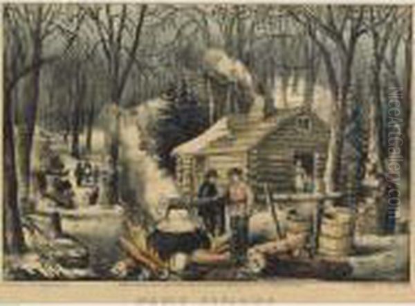 Maple Sugaring: Early Spring In The Northern Woods Oil Painting by Currier & Ives Publishers