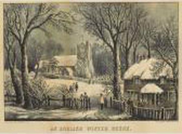 An English Winter Scene Oil Painting by Currier & Ives Publishers