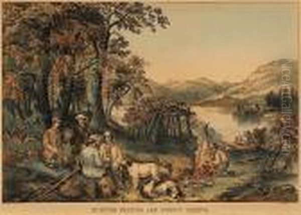 Hunting, Fishing And Forest Scenes: Shantying, On The Lake Shore Oil Painting by Currier & Ives Publishers