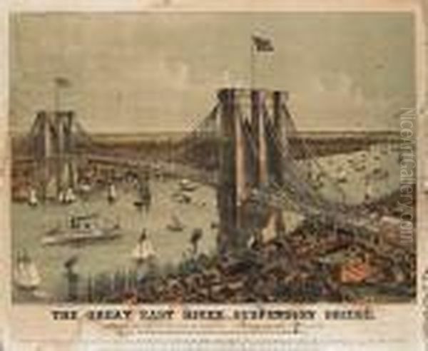 The Great East River Suspension Bridge Oil Painting by Currier & Ives Publishers