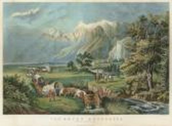 The Rocky Mountiains Oil Painting by Currier & Ives Publishers