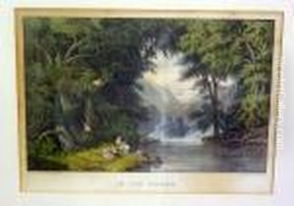 The Old Oaken Bucket; The Fords Of The Jordan; In The Woods; The Outlet Of Niagara River Oil Painting by Currier & Ives Publishers