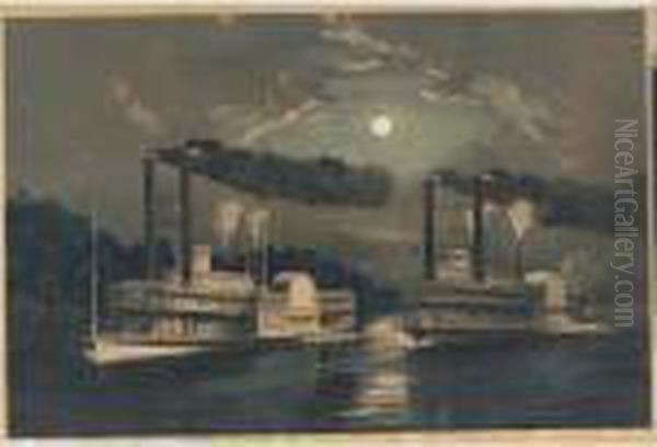 A Midnight Race On The Mississippi Oil Painting by Currier & Ives Publishers