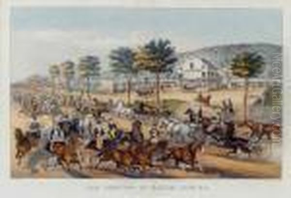 Fast Trotters On Harlem Lane N.y. Oil Painting by Currier & Ives Publishers