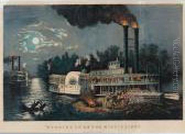 Wooding Up On The Mississippi (g. 7236; Not In Peters) Oil Painting by Currier & Ives Publishers