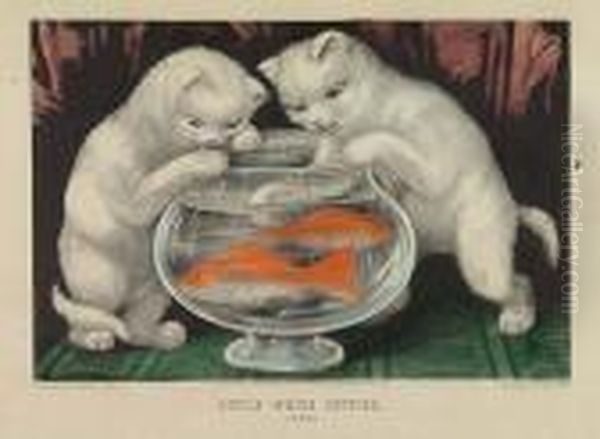 My Little White Kittie. After The Goldfish * Little White Kitties. Fishing. Oil Painting by Currier & Ives Publishers